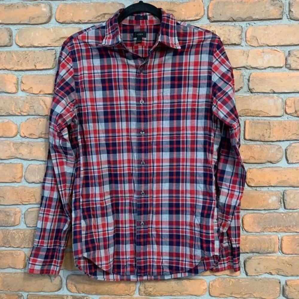 J.Crew Top Men's Size Small Red Navy Plaid Slim Fit‎ Button Down Cotton Shirt